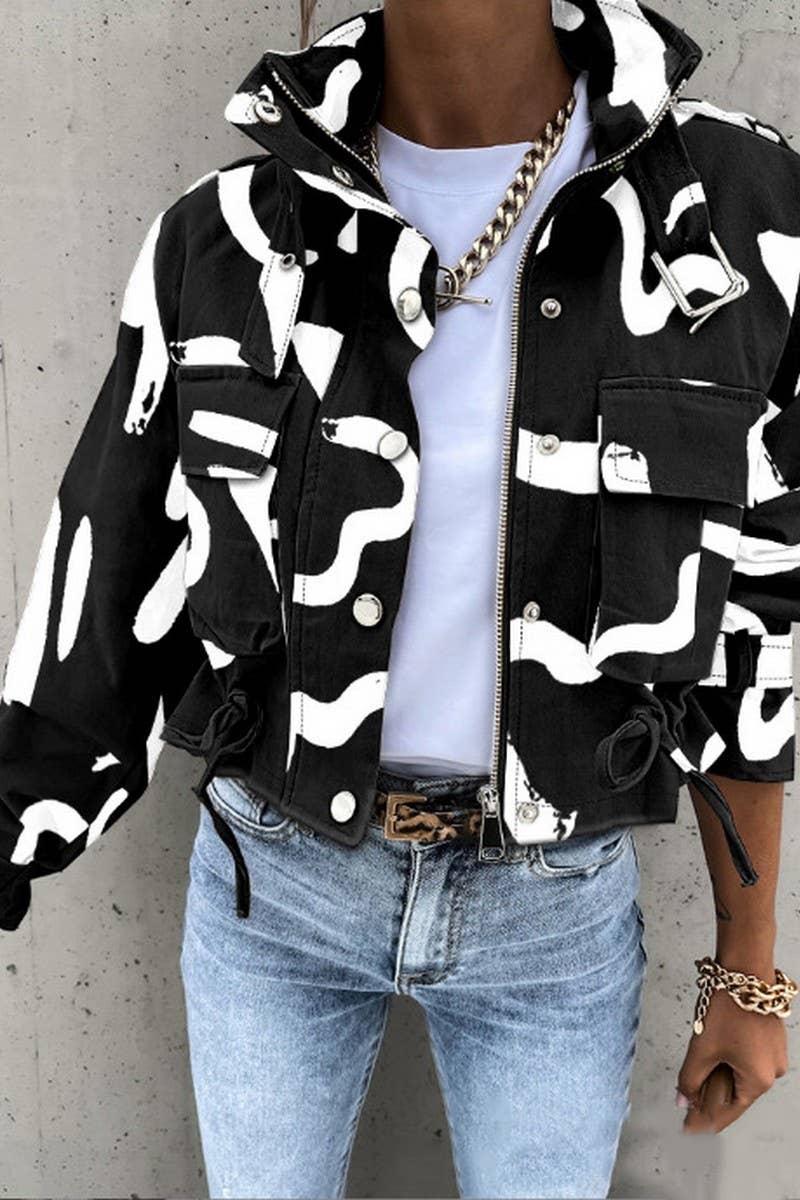 CWOCO1043_BUTTON ZIPPER POLO COLLAR PRINTED SHORT JACKET