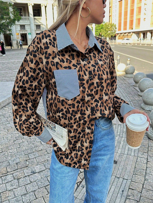 Fashionable leopard patchwork loose casual shirt