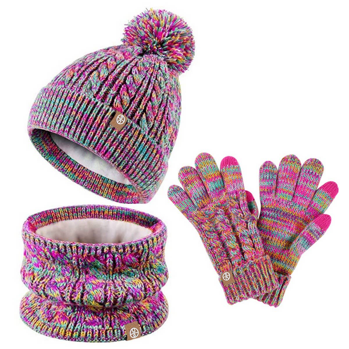 THREE-PIECE SET OF POM-POM HAT, SCARF AND GLOVES