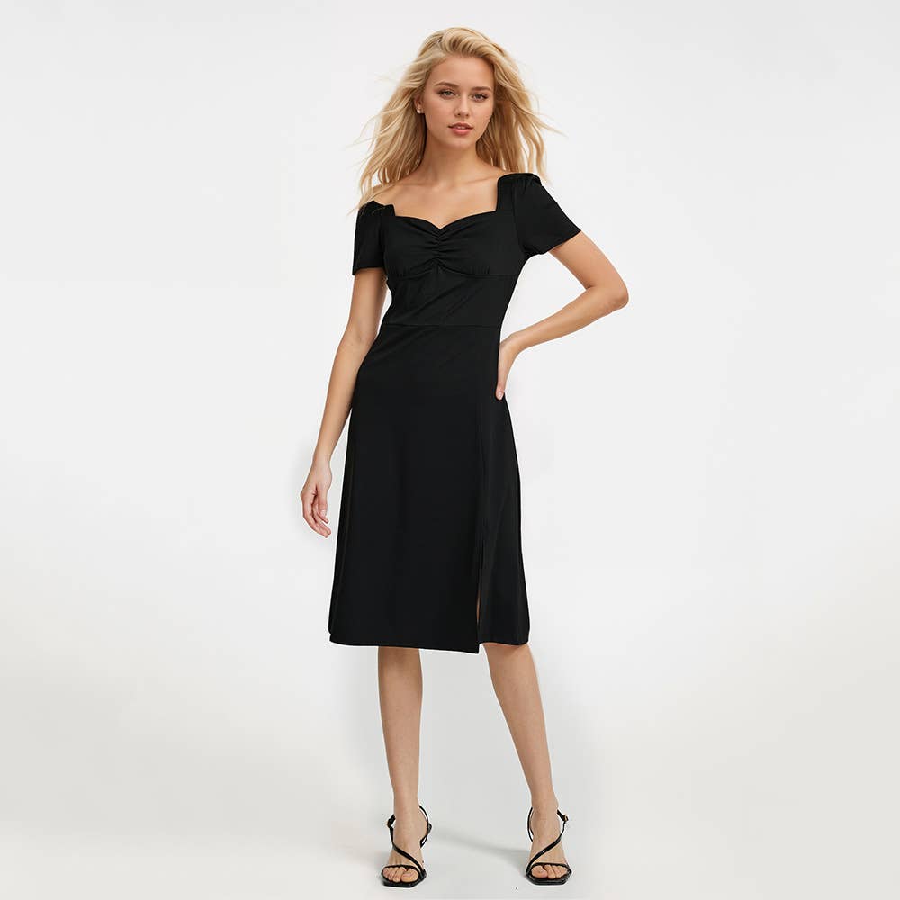 Retro square collar slim-fit pleated waist dress