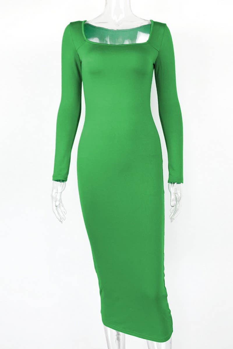 CWDMD4902_SOLID COLOR SLIM SQUARE NECK LONG SLEEVE DRESS
