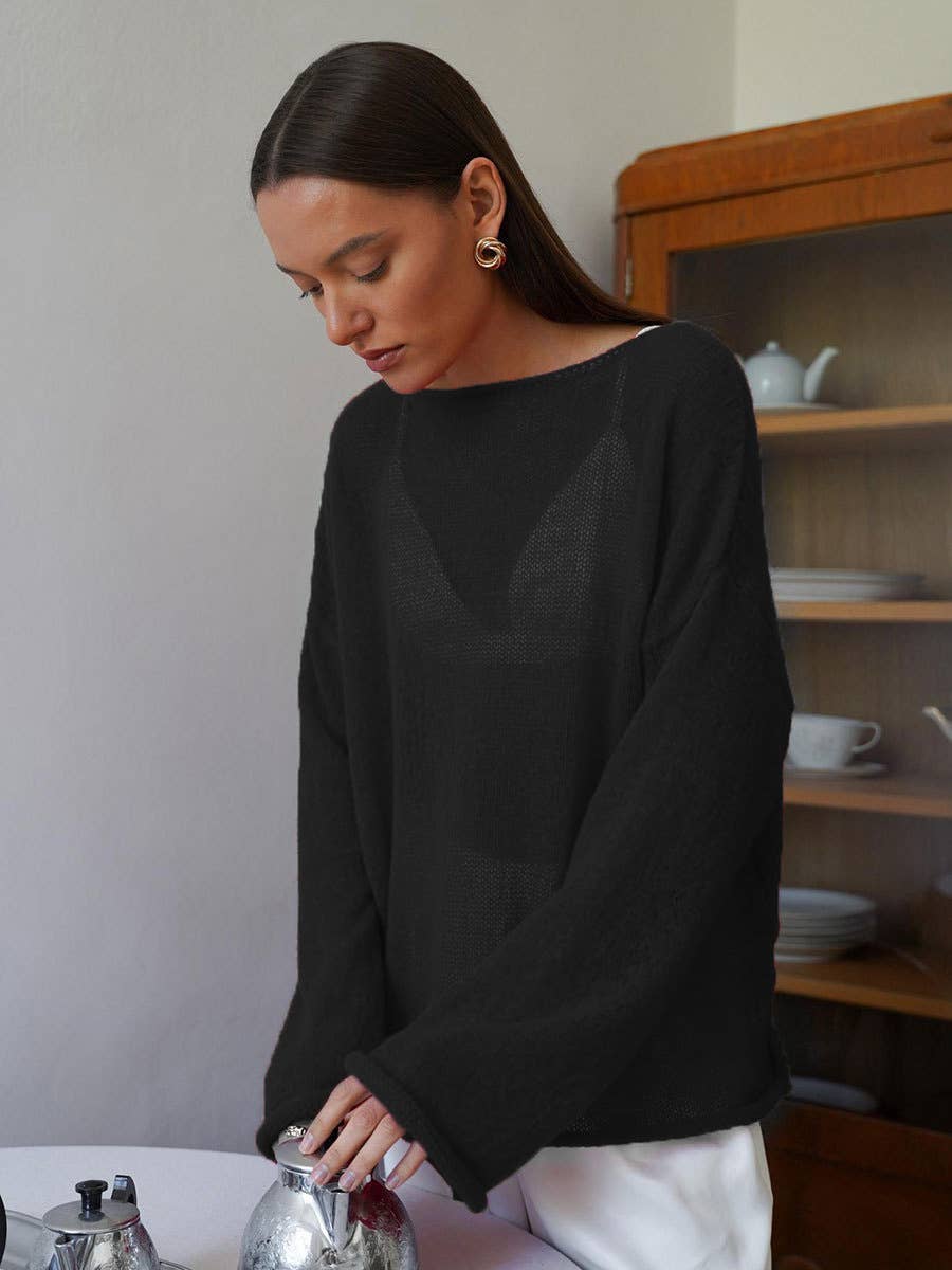 See-through round-neck flared sleeve T-shirt