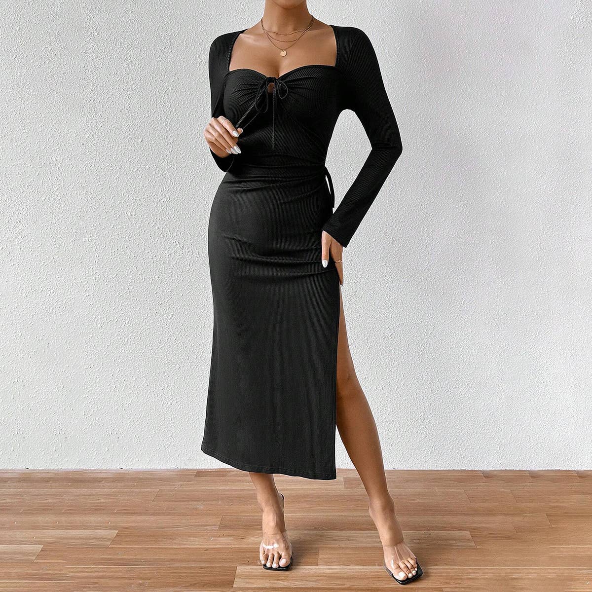 SQUARE COLLAR SEXY SLIT SLIM SOLID COLOR LONGDRESS