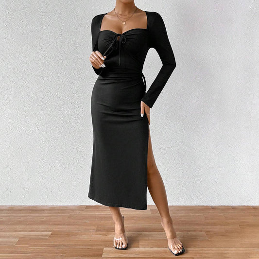 SQUARE COLLAR SEXY SLIT SLIM SOLID COLOR LONGDRESS