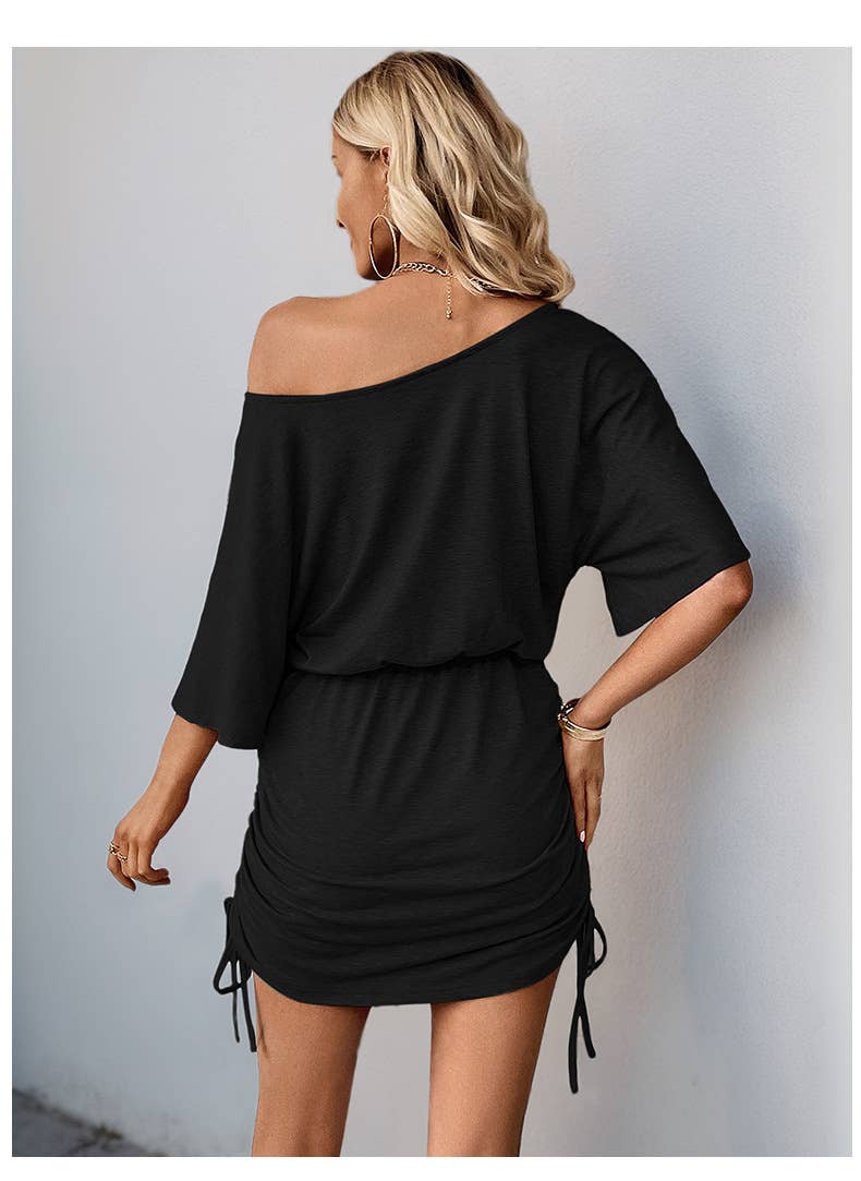 Asymmetrical neck ruched bodycon casual dress