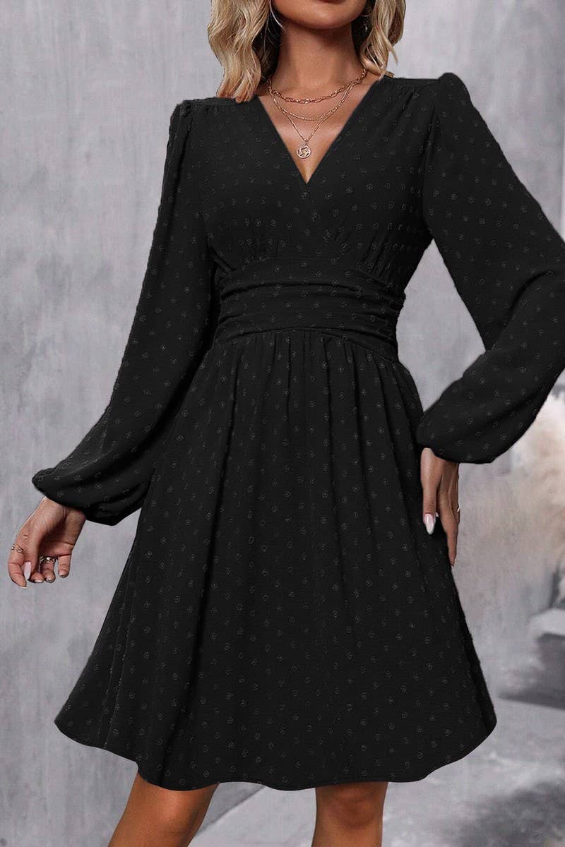 CWDSD6427_JACQUARD V-NECK LANTERN SLEEVE DRESS