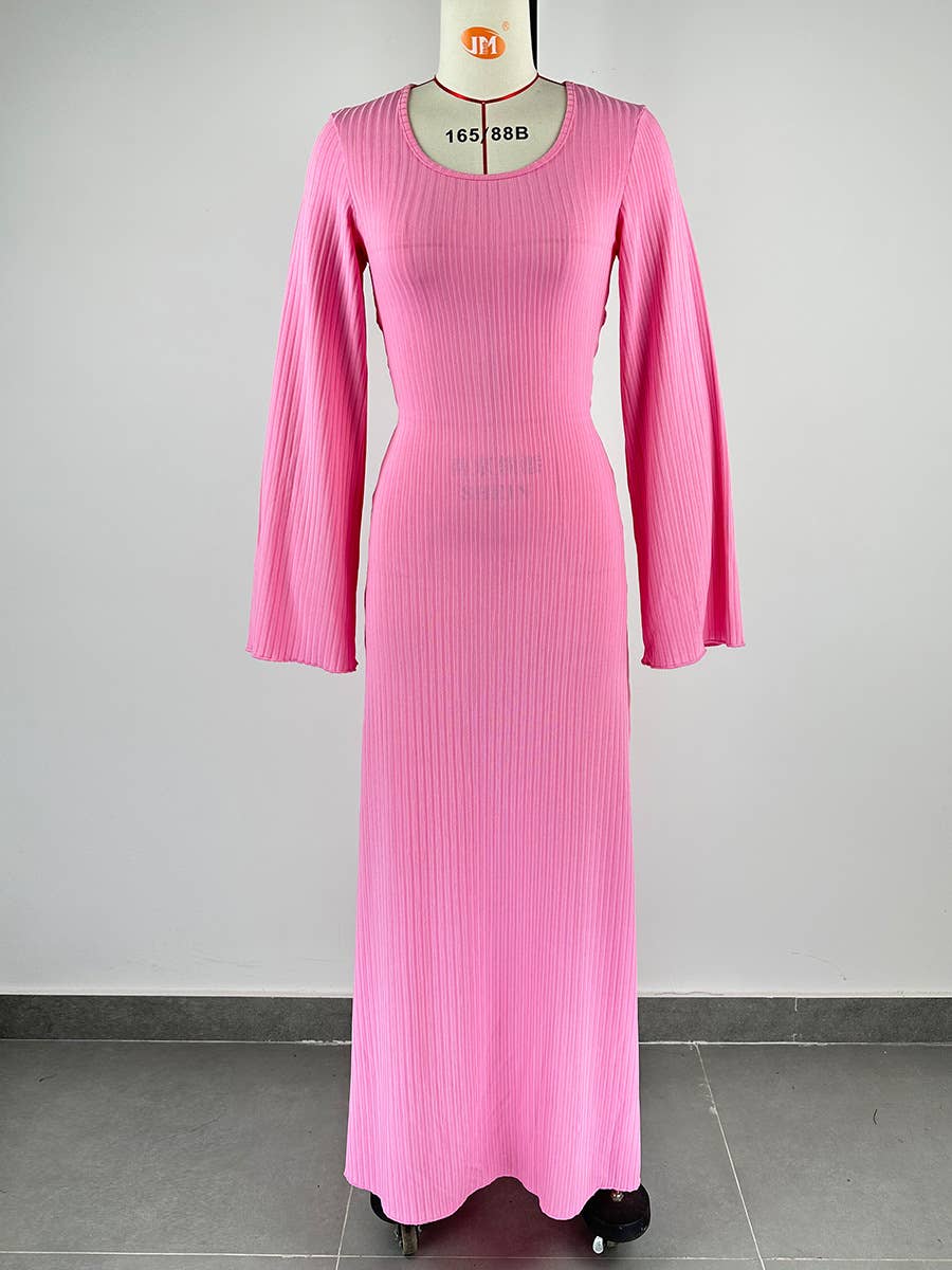 Big Pit Strip Long Sleeve U-Neck Dress_Cwdmd3185