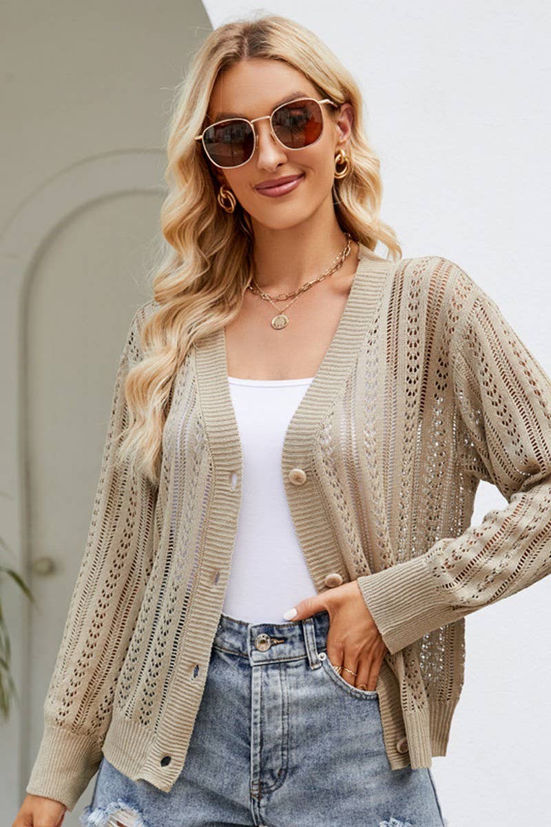 CWOCAL0775_TEMPERAMENT V-NECK HOLLOW KNITTED CARDIGAN