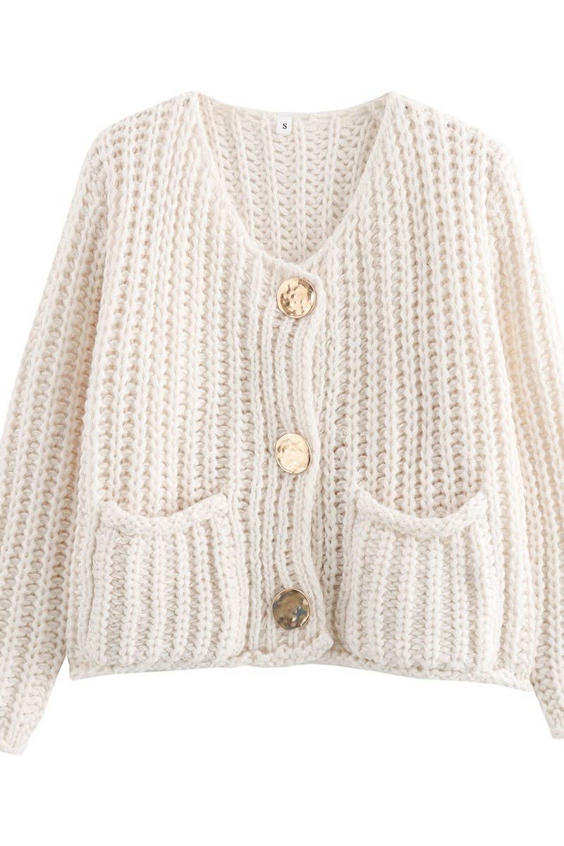 CWOCAL2046_SOLID COLOR METAL BUTTON CHUNKY KNIT CARDIGAN