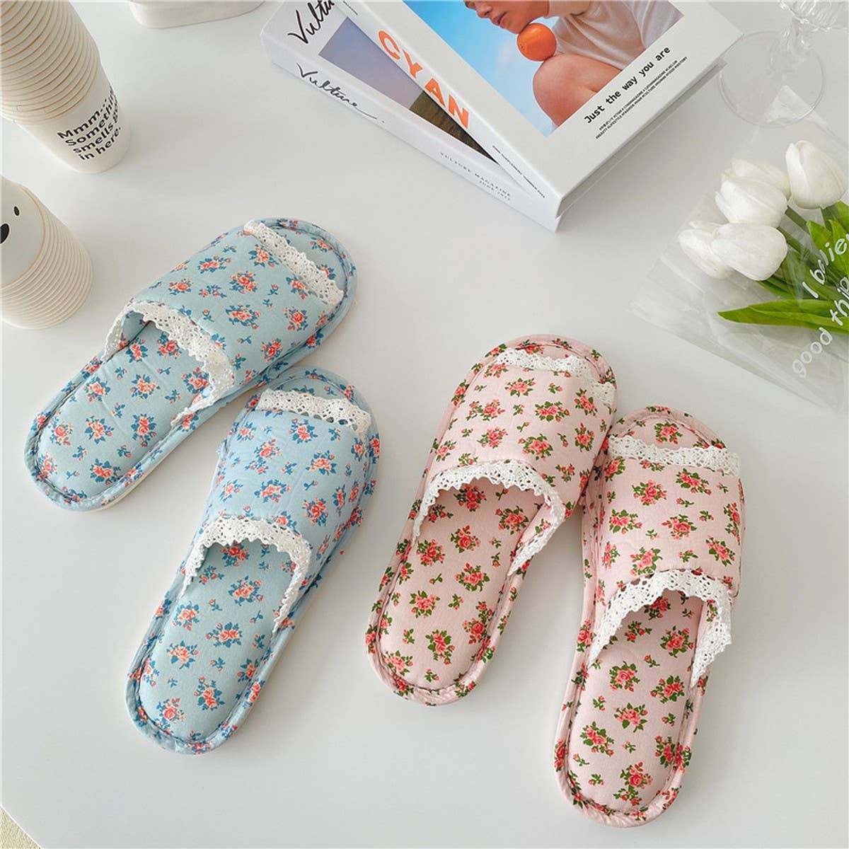 RETRO PASTORAL SMALL FLORAL LACE HOME SLIPPERS_CWMM2973