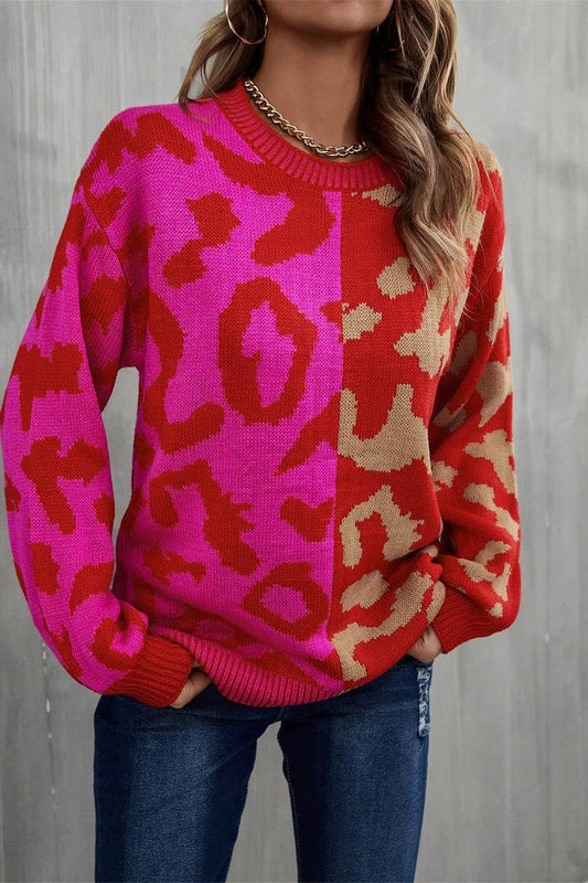 Cwoswl3151_Crew Neck Leopard Print Knitted Sweater
