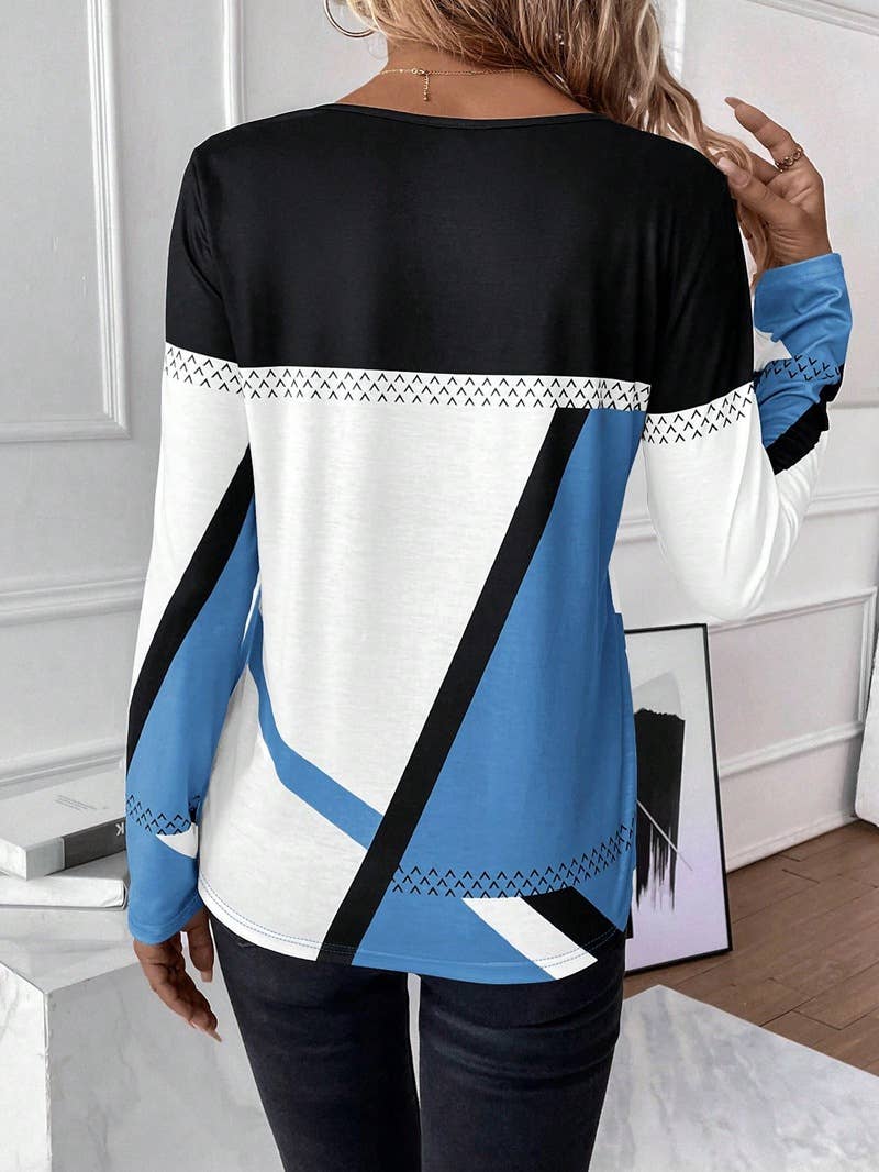 Round-neck color-blocking geometric print top
