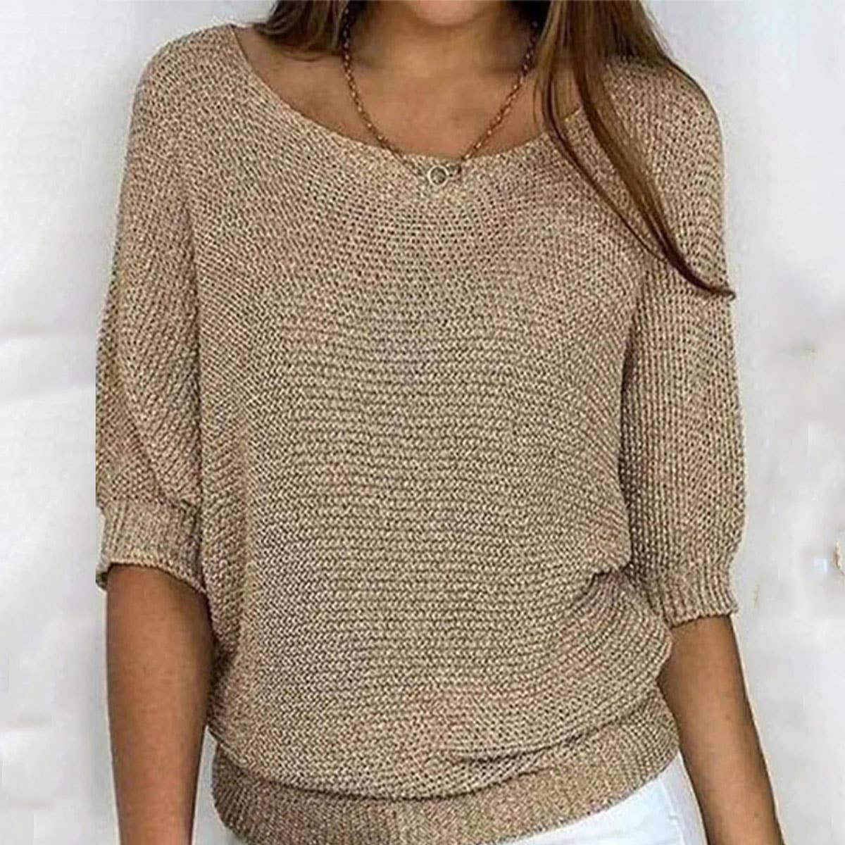 SOLID COLOR LOOSE CREW NECK HALF-SLEEVED SWEATER