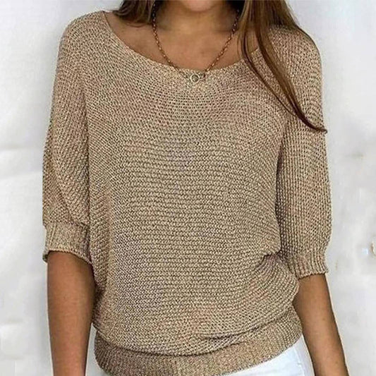 SOLID COLOR LOOSE CREW NECK HALF-SLEEVED SWEATER