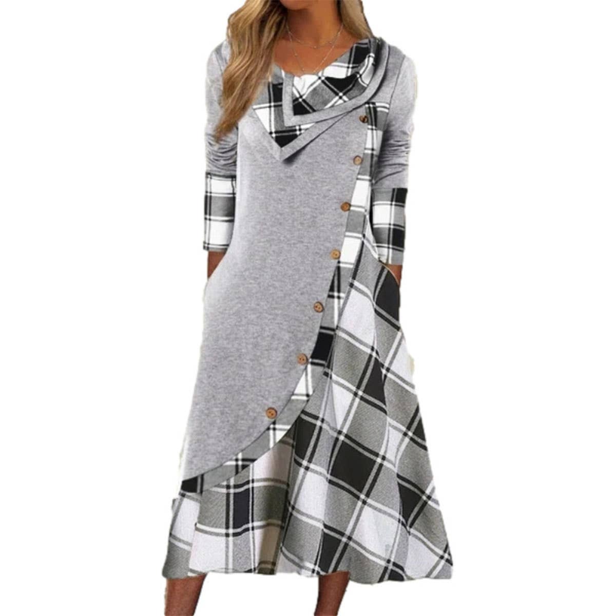 PLAID PRINT PATCHWORK BUTTON POCKET DRESS