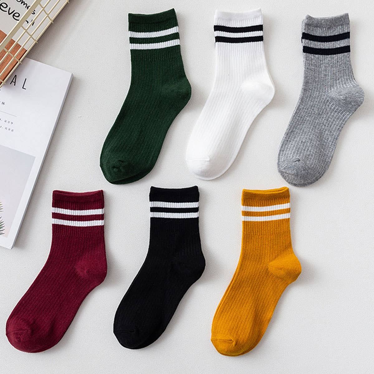 2-Stripe Cotton Mid Socks for Women, Wholesale_CWMS070
