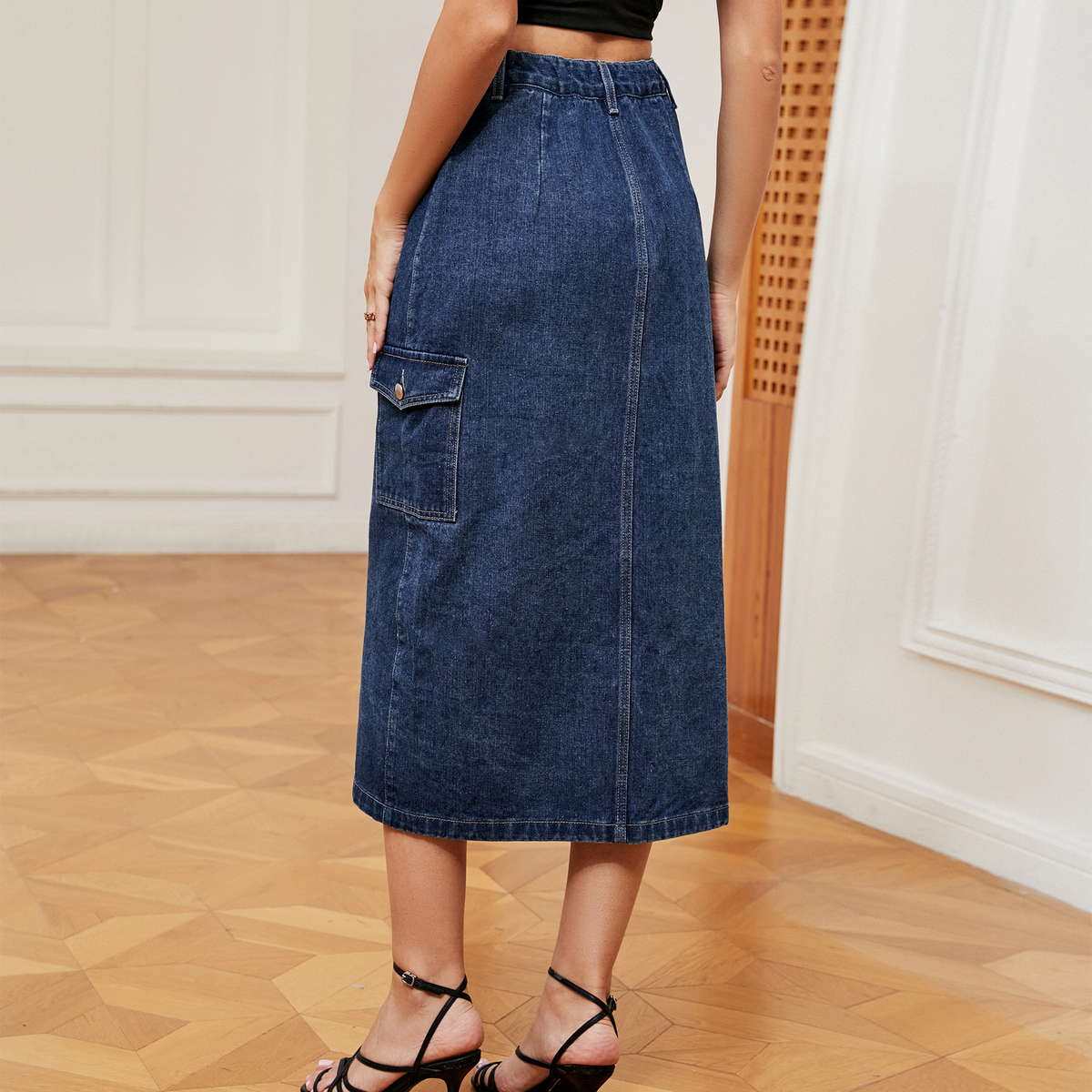 Trendy Denim Cargo Skirt Women Elastic Waist