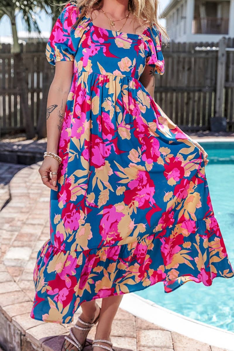 CWDMD3216_SHORT SLEEVE FLOWER HIGH-WAISTED DRESS LONG