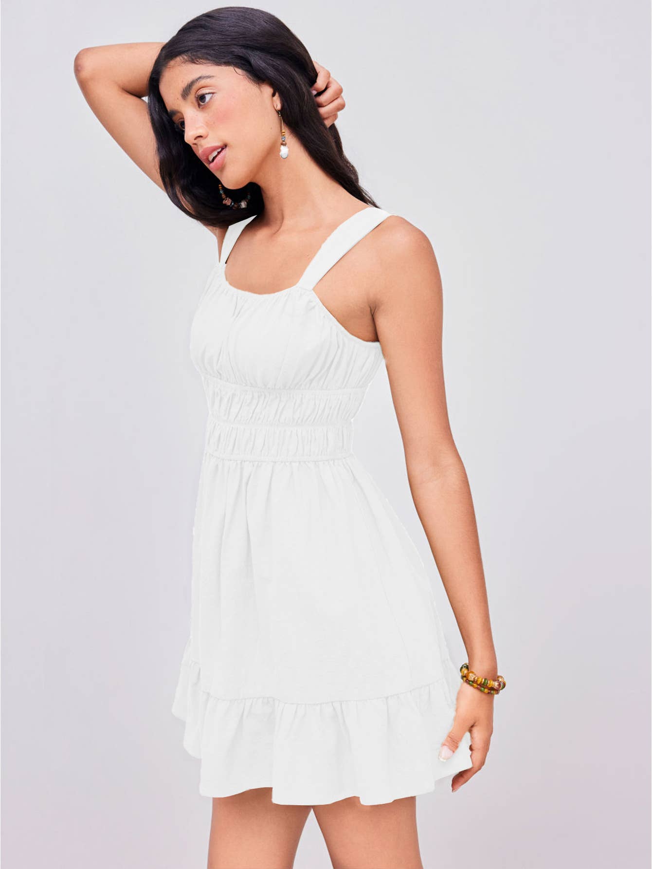 Square collar pleated waist slimming dress