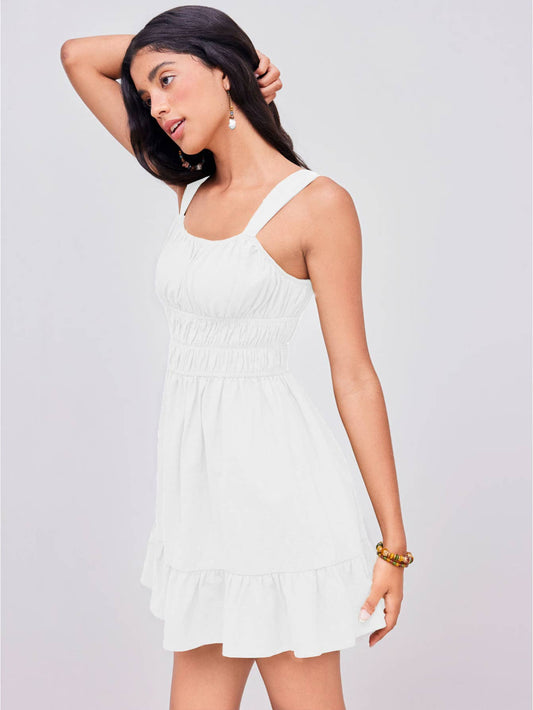 Square-neck pleated cinched waist dress