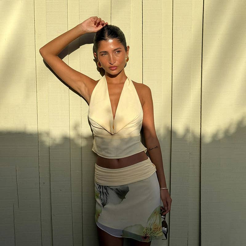 Sexy Halter Cowl Backless Top and Skirt Set