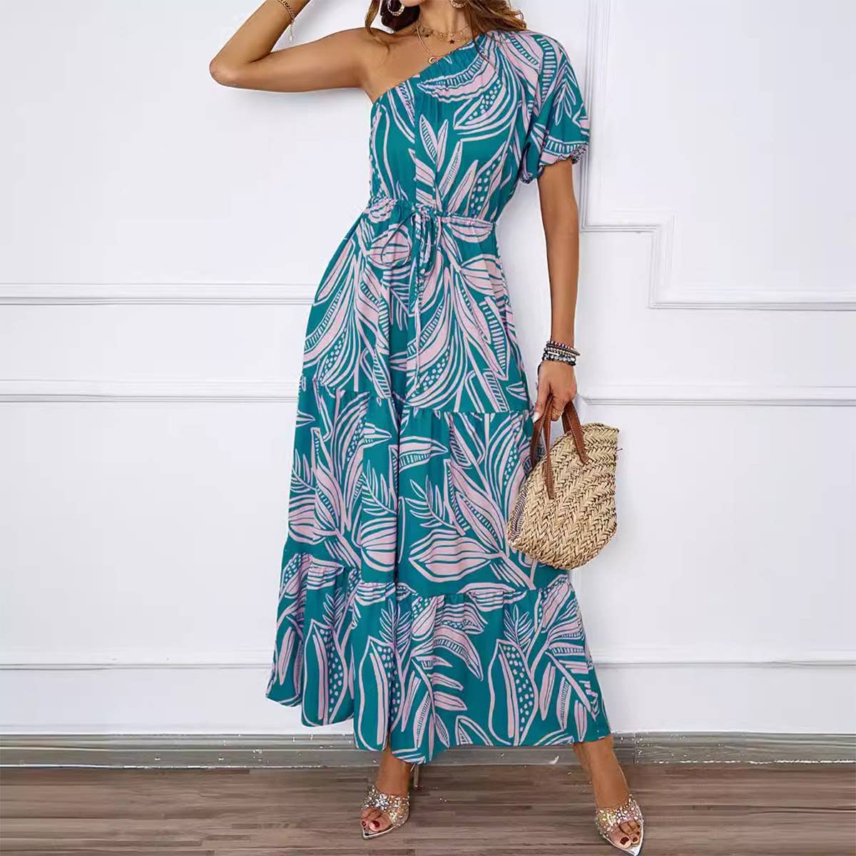 PRINTED BOHO DRESS WITH SLOPING NECK