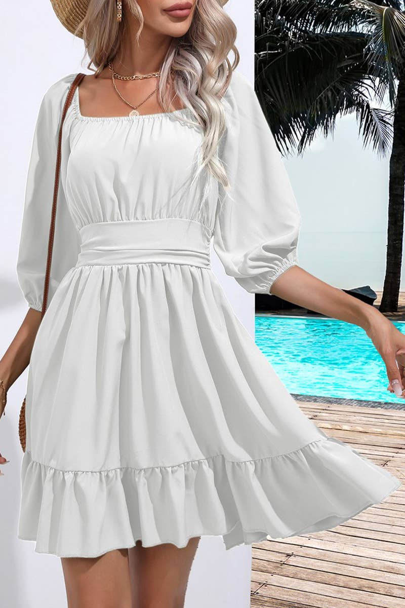 CWDSD7390_SUMMER RUFFLED SQUARE NECK TIE SHORT DRESS