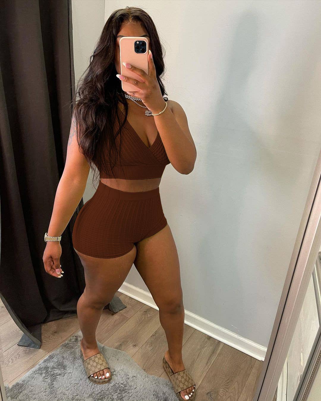 Trendy solid ribbed bubble knit tank & shorts set