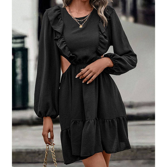 Solid color cutout ruffled patchwork dress