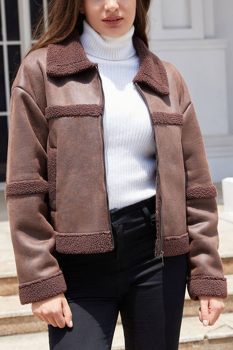 STYLISH WARM FUR COAT WITH FLEECE LAPEL