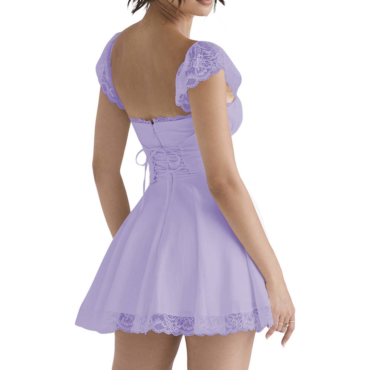 Lace-trimmed square-neck fitted halter dress