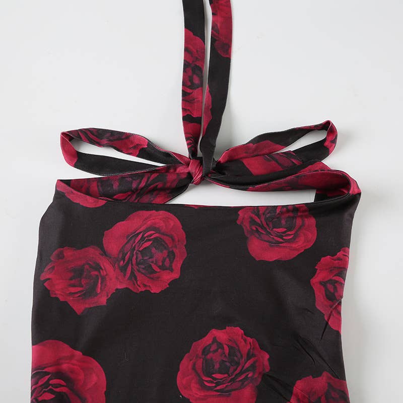 Sexy floral print halter cropped pleated dress