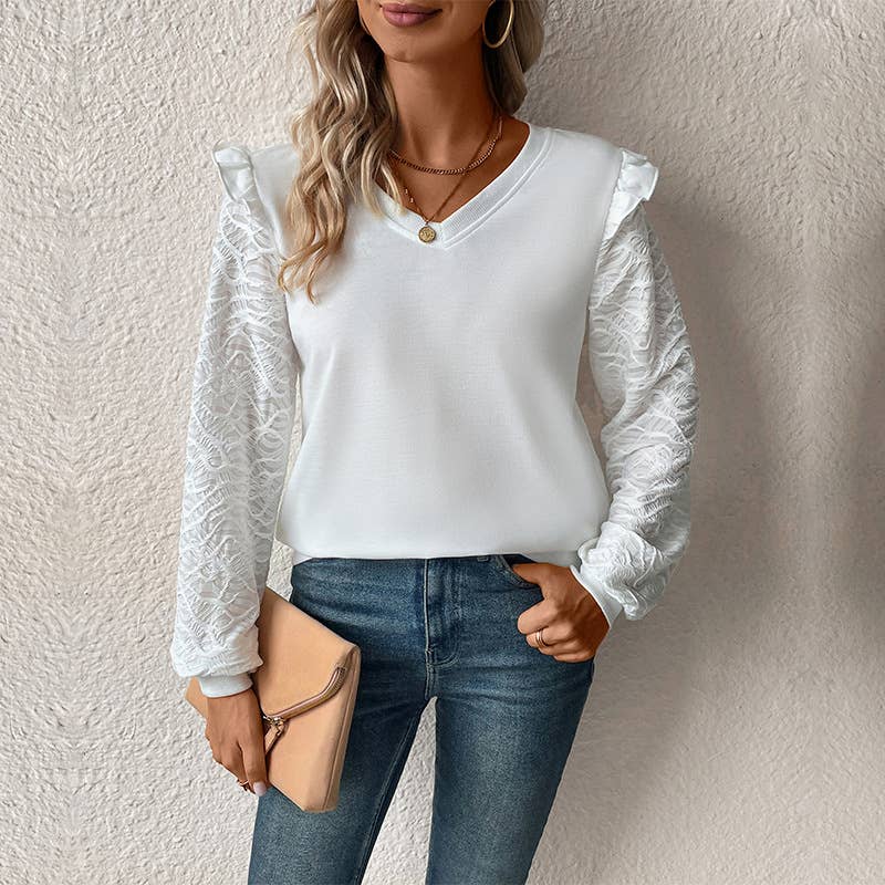 V-NECK SOLID COLOR LACE PATCHWORK PULLOVER HOODIE