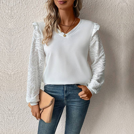 V-NECK SOLID COLOR LACE PATCHWORK PULLOVER HOODIE