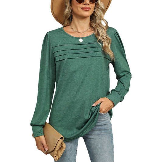 SOLID COLOR U-NECK PLEATED LONG SLEEVE TOP