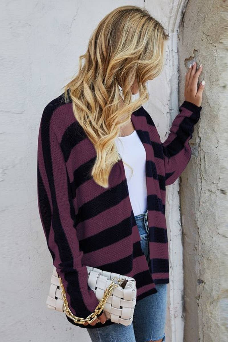 CWOCAL0778_BATWING SLEEVE LOOSE STRIPED KNIT CARDIGAN