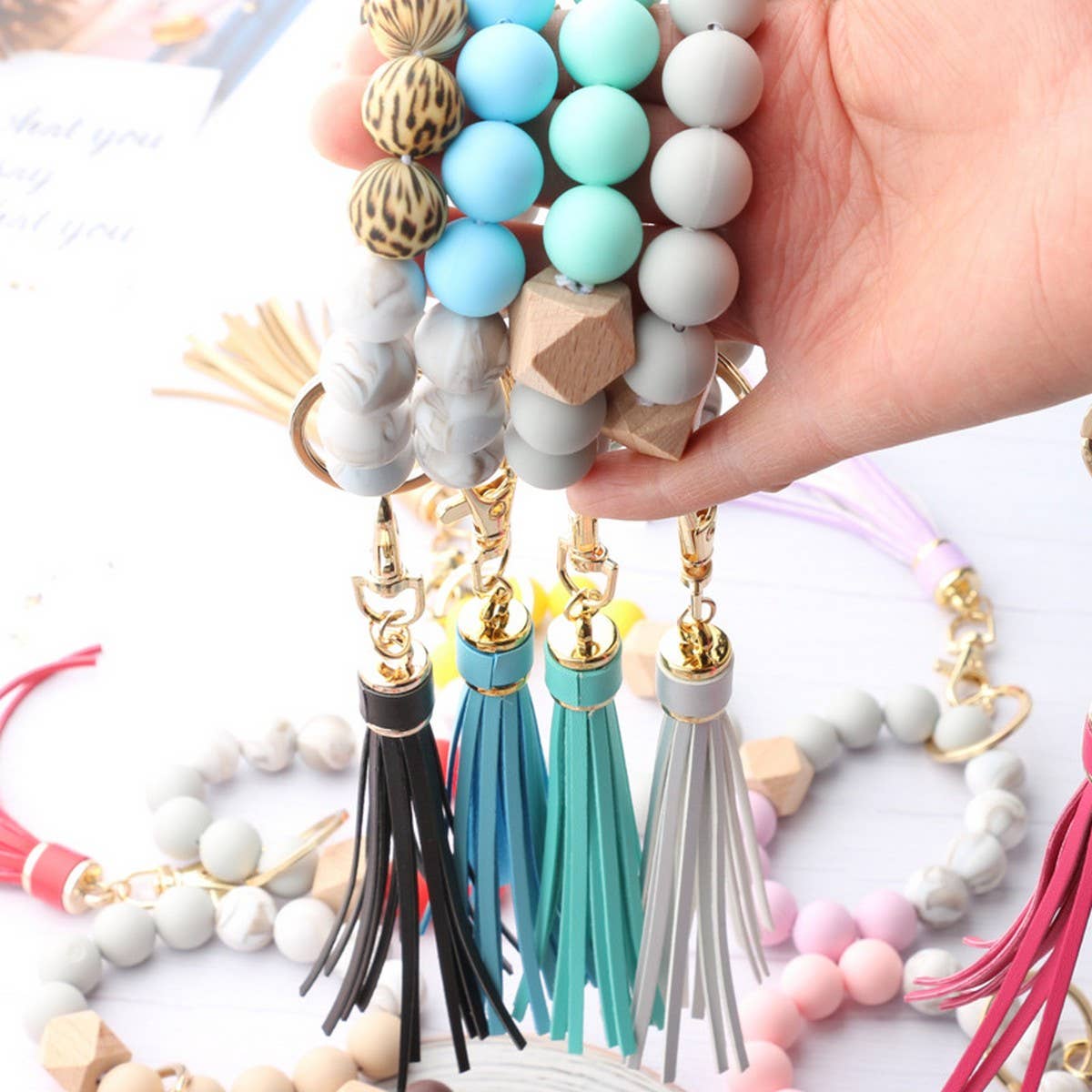 Tassel Wood & Silicone Bead Bracelet Keychain