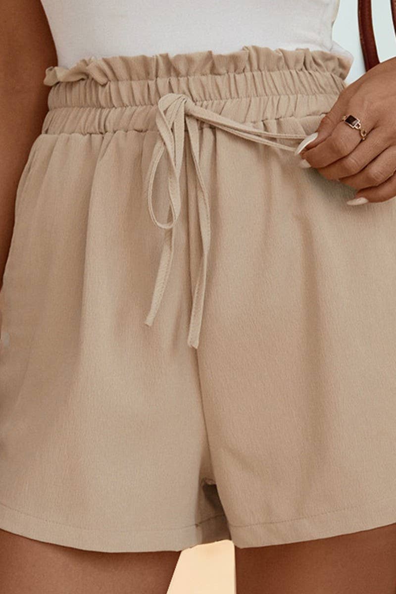 CWBSP0312_SOLID ELASTIC WAIST RUFFLED LACE-UP SHORT PANTS