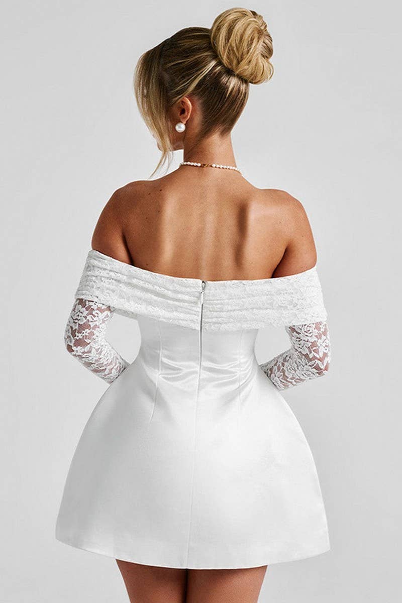 CWDTD0484_OFF SHOULDER LACE PATCHWORK A-LINE DRESS