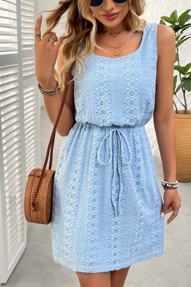 CWDMD4645_SQUARE NECK DRAWSTRING SLEEVELESS DRESS