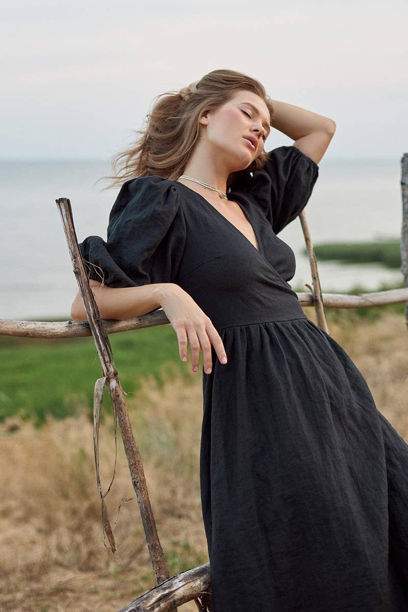 CWDMD5246_COTTON TIE-BACK PUFF SLEEVE MAXI DRESS