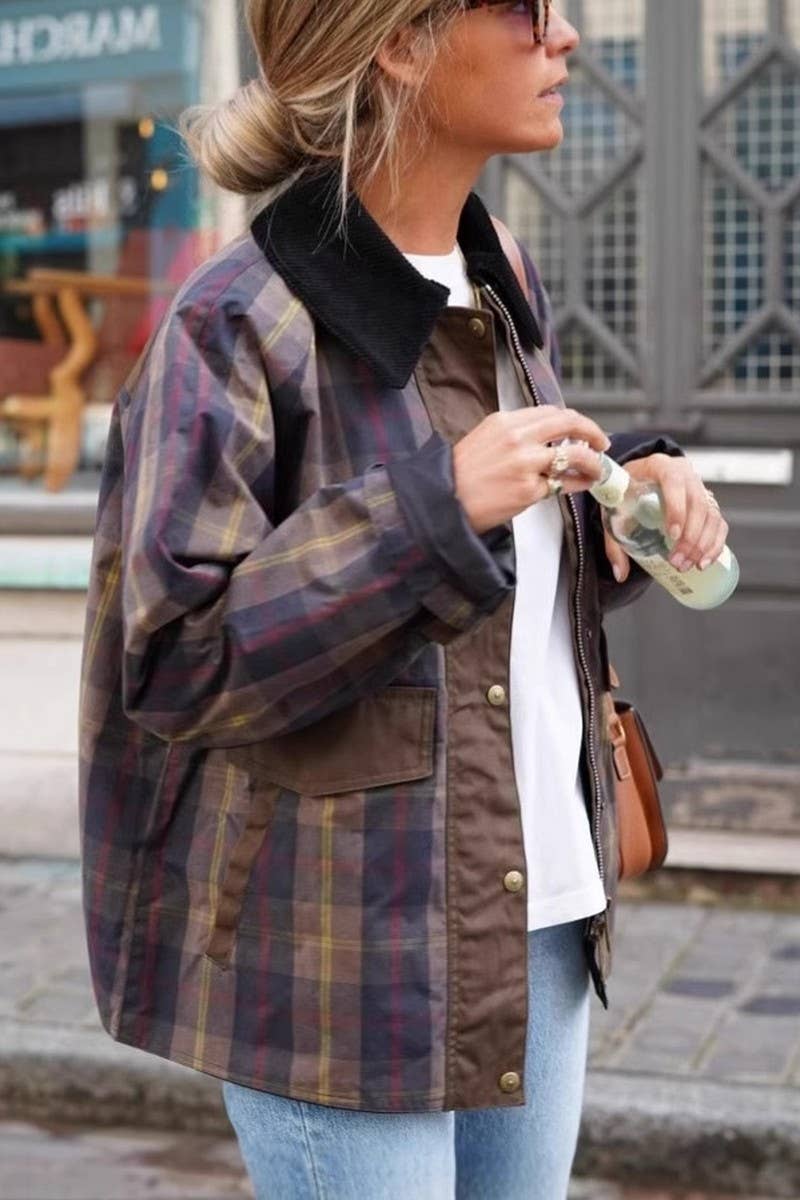 CWOCO0970_VINTAGE PLAID FUR COLLAR QUILTED ZIP-UP JACKET