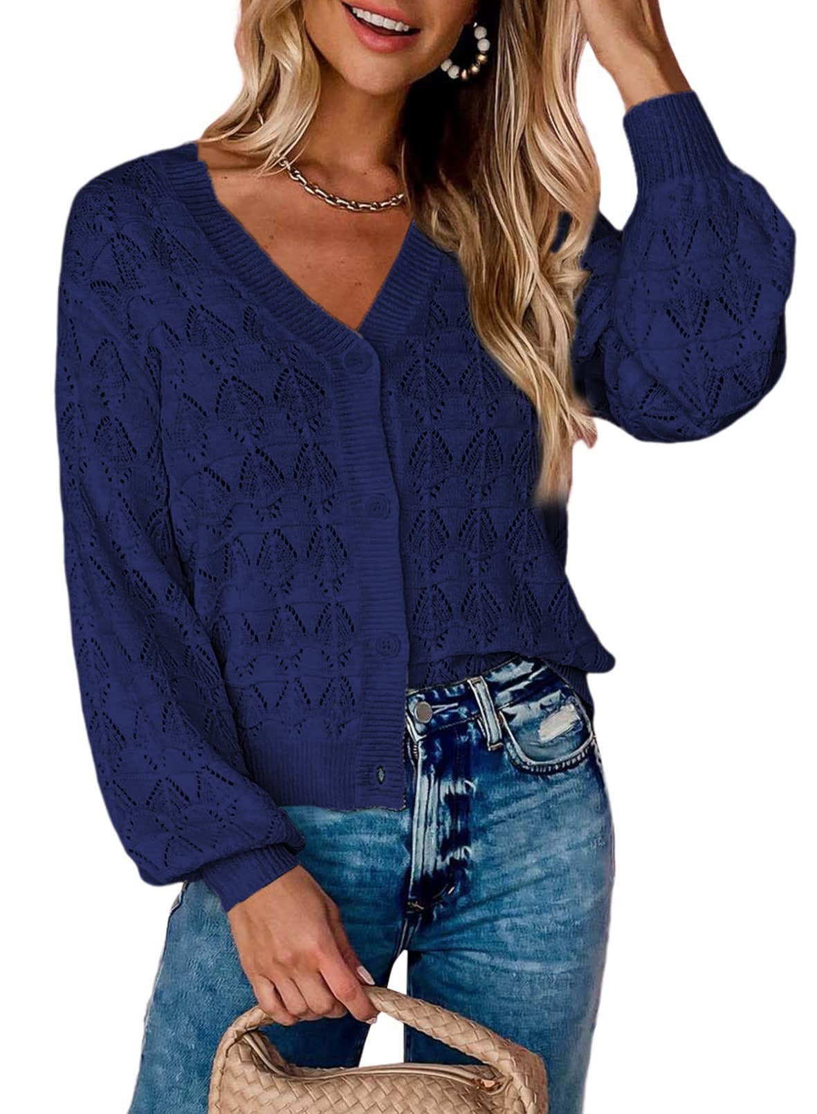 LONG SLEEVE CROCHET V-NECK CARDIGAN