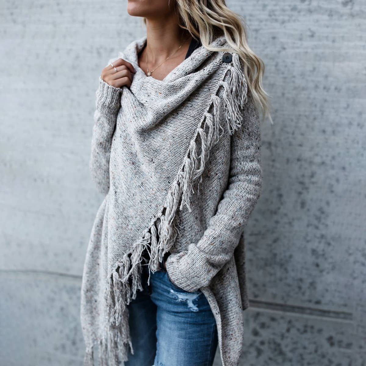 Solid color swing collar fringe mid-length sweater