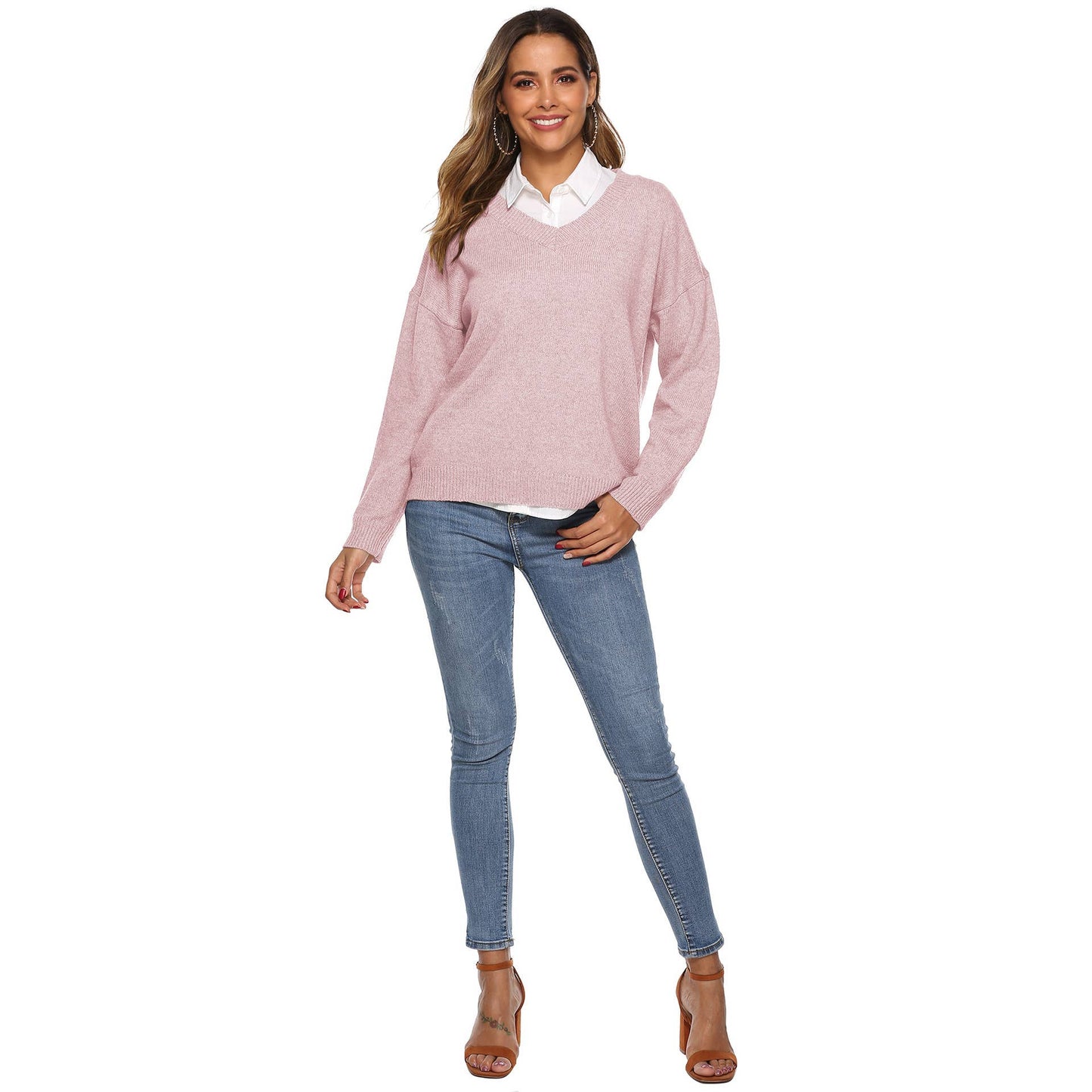 SIMPLE V-NECK PULLOVER SWEATER IN SOLID COLOR