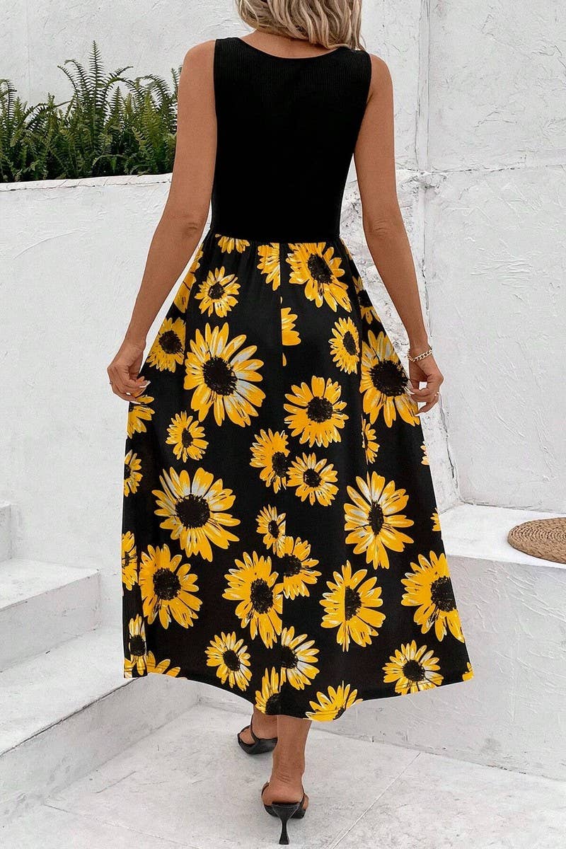 CWDMD4446_SUNFLOWER PRINT PATCHWORK SLEEVELESS DRESS