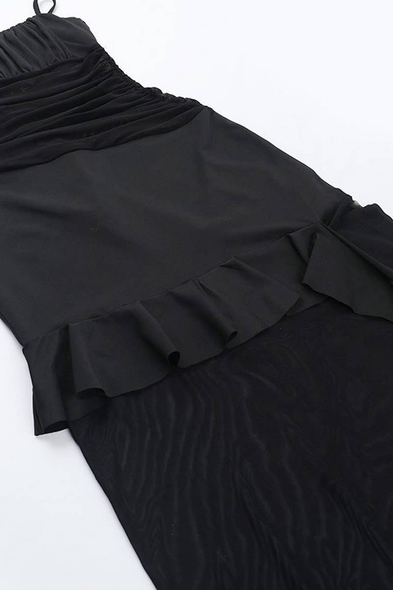 CWDMD5070_SEXY MESH RUFFLE TIE STRAP SLIT BODYCON DRESS