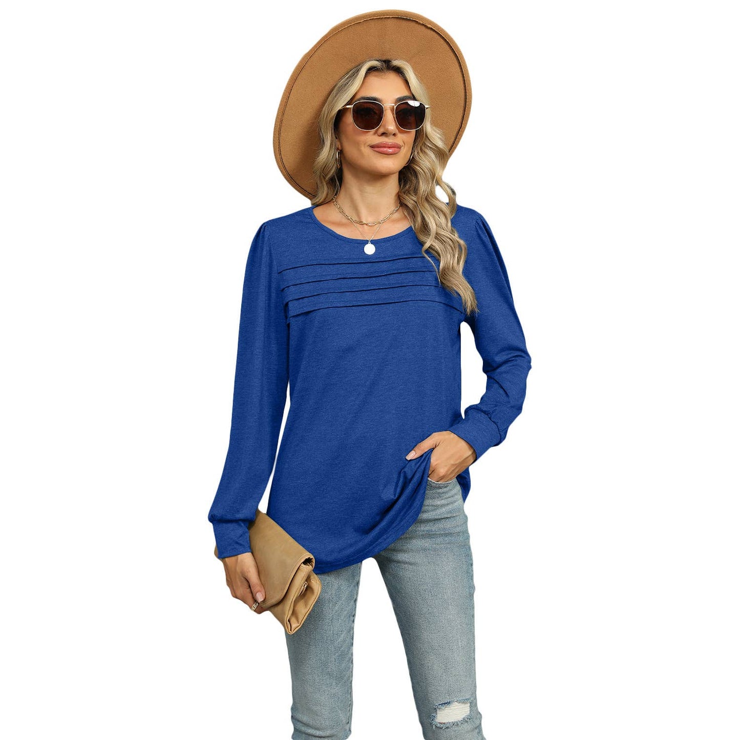 SOLID COLOR U-NECK PLEATED LONG SLEEVE TOP