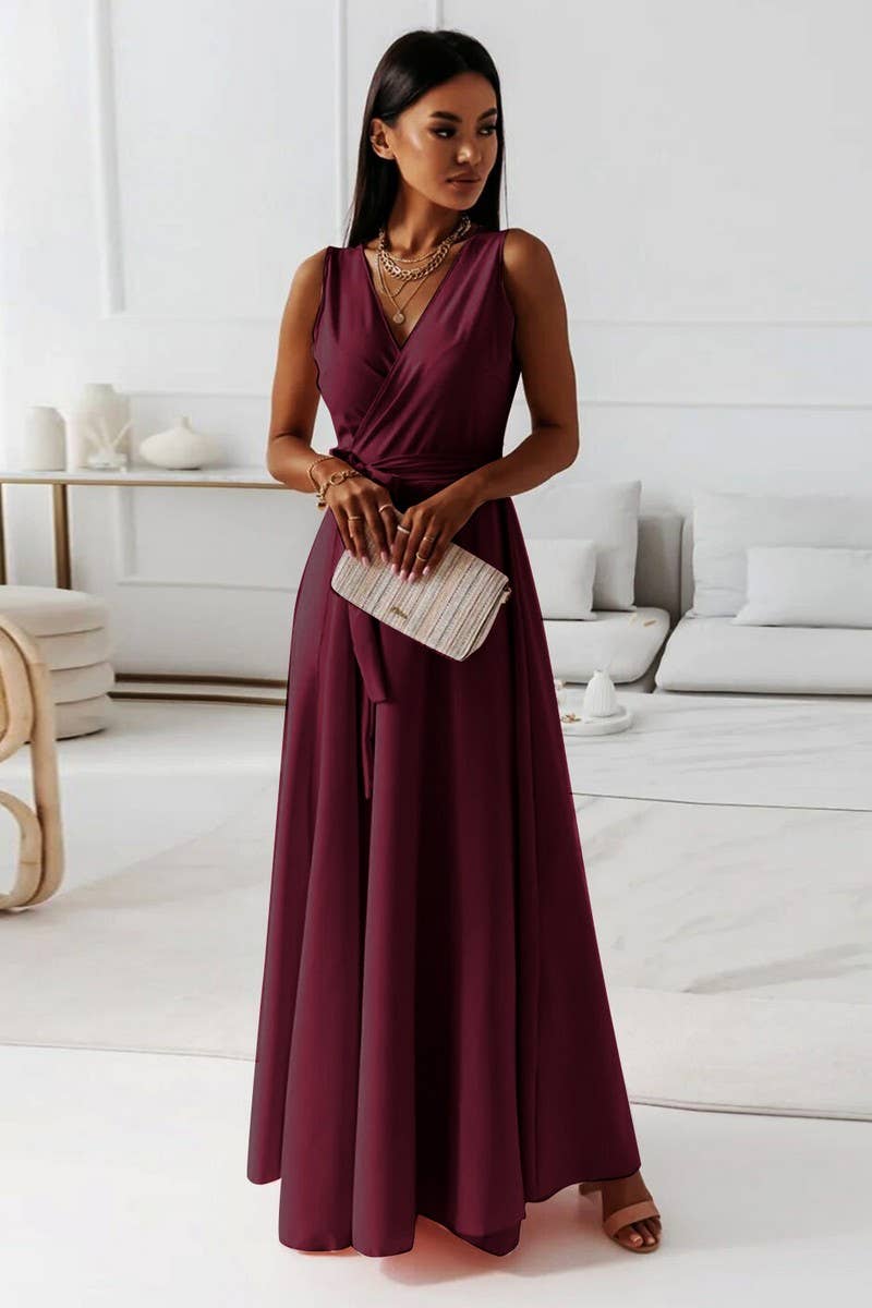 CWDMD4861_LACE-UP V-NECK EVENING GOWN LONG DRESS