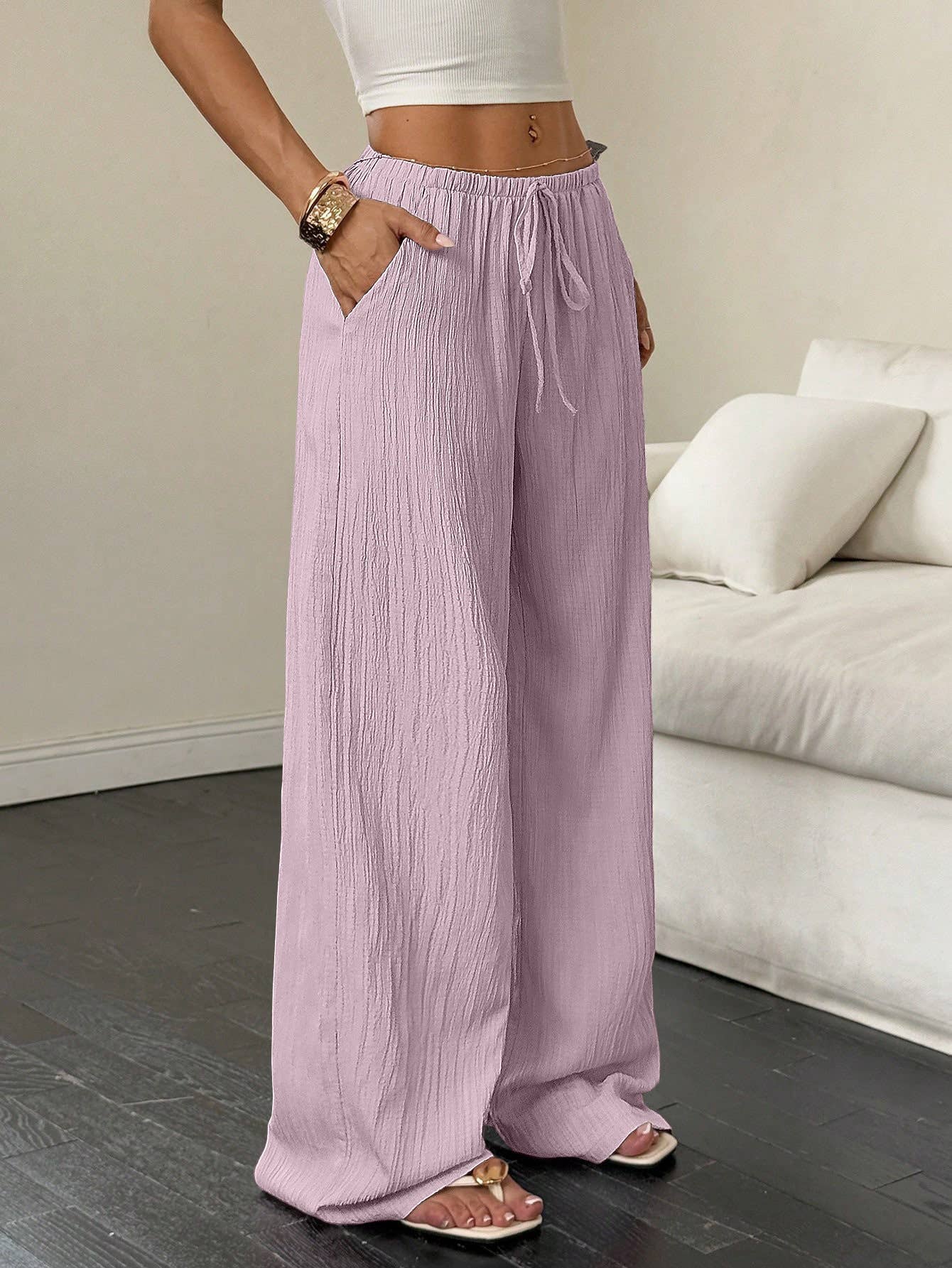 Solid-color textured drawstring wide-leg pants